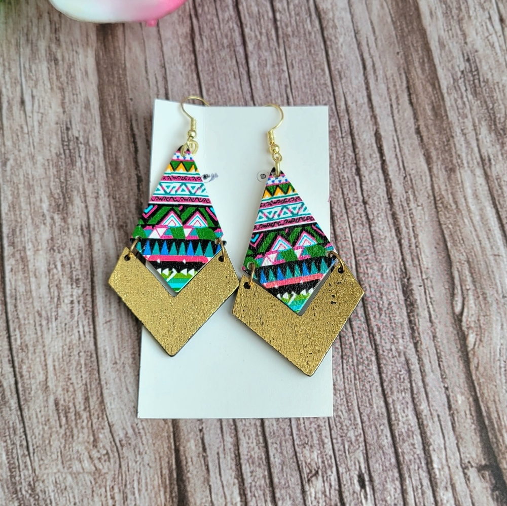 Handmade Geometric Multicolor Wooden Earrings